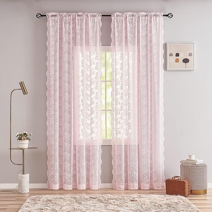 YJ YANJUN Vintage Lace Curtains 90 Inches Long-Victorian Floral Pattern Light Pink Sheer Curtain Panels for Baby Girls Room Feminine Flowy Cute Girly Classroom Princess Decor 2 Panels 52W x 90L