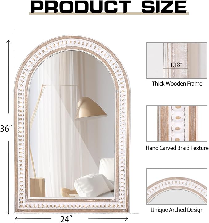 36x24 Inch Arched Wall Mirror, Rustic Farmhouse Arch Mirror for Bathroom | Raised Bead Detailing Adds Boho Character Above Sinks, Vanities, Consoles, Dressers, Mantels, or Sideboards