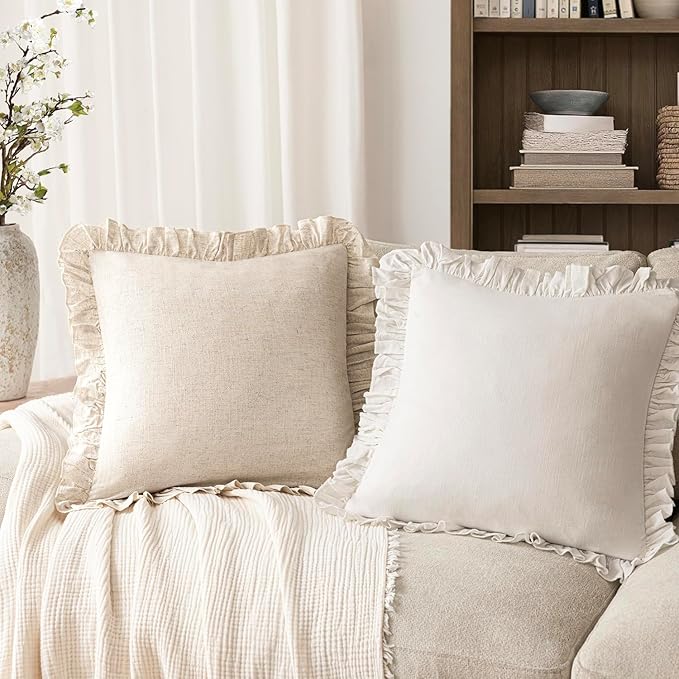 Foindtower Set of 2 Decorative Linen Fringe Ruffle Throw Pillow Covers Soft Boho Farmhouse Cushion Cover Cozy Accent Retro Pillowcase for Couch Sofa Bed Living Room Home Decor,24×24 Inch,Natural Beige