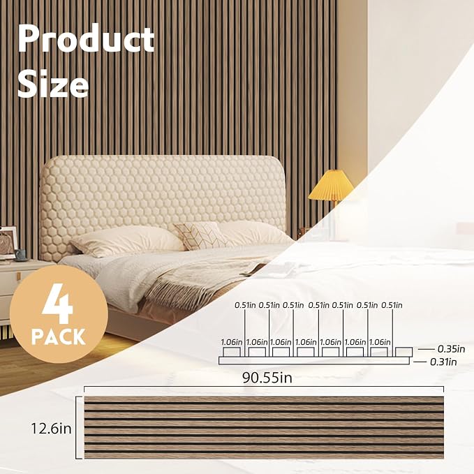 RITOLLO 4 Pack Wood Panels for Wall, 90.55"×12.6" Wood Slat Acoustic Panels for Wall, Soundproof Panels, 3D Fluted Panels for Interior Wall Decor (Natural Walnut)