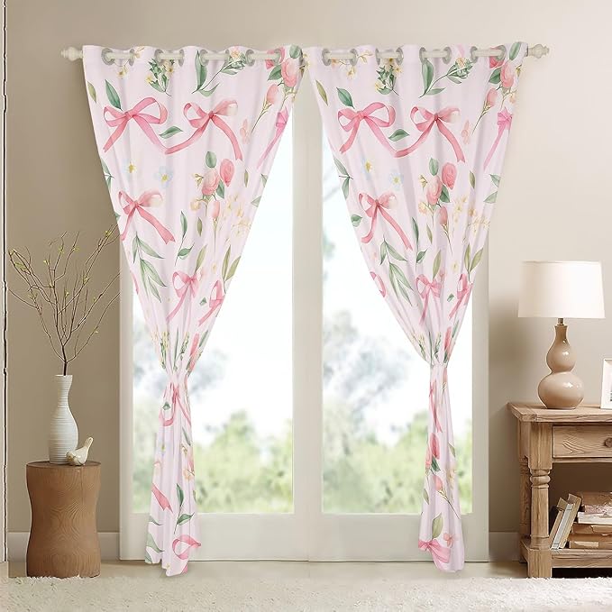 Feelyou Bow Room Darkening Blackout Curtain (2 Panels, 52 x 90 Inch) Pink Girls Bow Curtains for Bedroom Living Room Cute Bowknot Blackout Curtains Floral Flower Window Treatments Kawaii