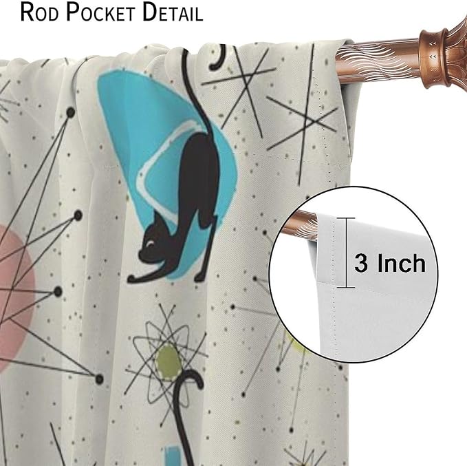 JESTRONRY Mid Century Curtains, Black Cat Atomic Stars Abstract Geometric Vintage Kitty Animal Room Darkening Door Window Rod Pocket Curtain for Living Room Bedroom 42x63in