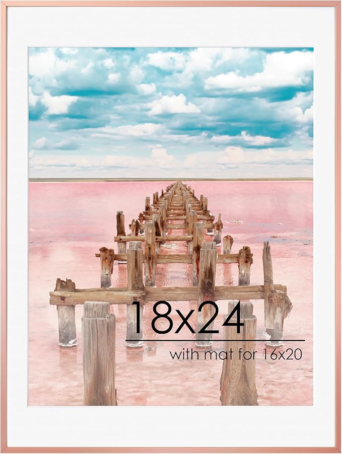 FLYJOE 18x24 Metal Picture Frame For Wall With Mat For 16x20, 18''x24'' Aluminum Photo Frames With Tempered Glass, Minimalist Modern Poster Frame Horizontal And Vertical Formats, Rose Gold