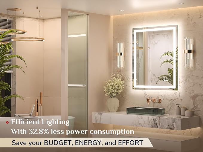 Keonjinn LED Bathroom Mirror 28 x 36 Inch, Frontlit & Backlit Vanity Mirror with 3 Color Lights, Lighted Mirror for Bathroom Wall with Anti-Fog, HD Tempered Glass, UL-Listed LED Driver, CRI90+