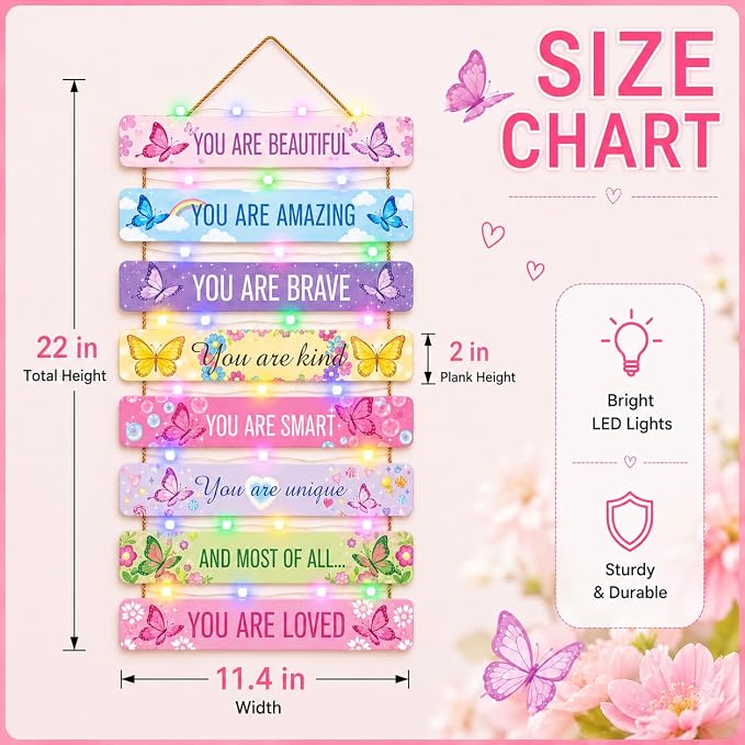 Cute Butterfly Room Decor Set of 8 with Led Light for Teen Girls Kids Toddler, Pink Inspirational Butterfly Wood Nursery Wall Decor for Bedroom, Dreamy Cozy Chic Motivational Princess Room Decor