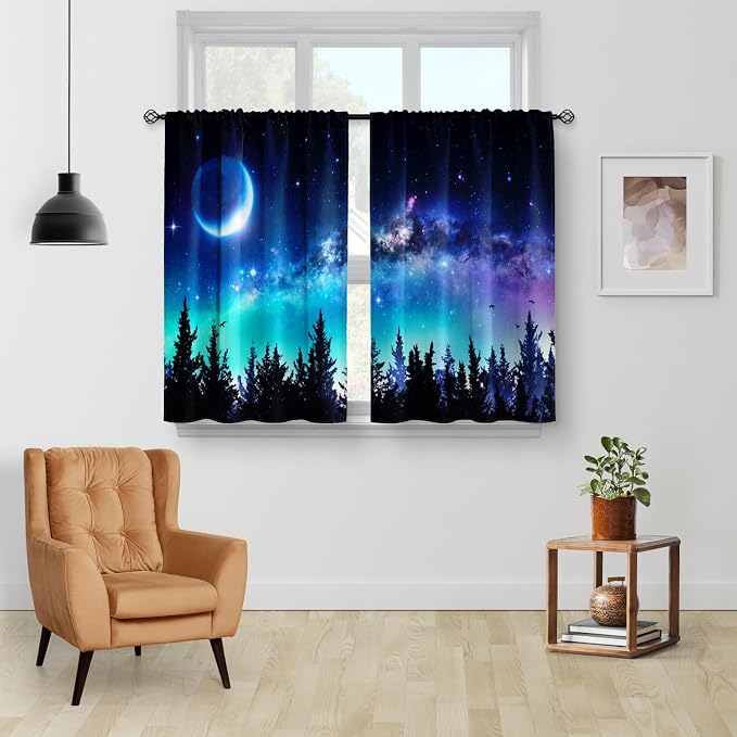 Aimego Forest Country Kitchen Curtains - Moon Rustic Modern Aesthetic Art Short Cafe Tier Curtains Decor for Living Room Starry Galaxy Rod Pocket Window Drapes RV Curtains 2 Panels Set 28"x30"