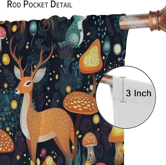 Fantasy Plant Semi Sheer Curtains,Cute Woodland Deer Forest Animal Floral Mushroom Print Window Treatments for Bedroom Living Room Study Window Drapes 2 Panels Set,Total Size 42 x 45 Inch