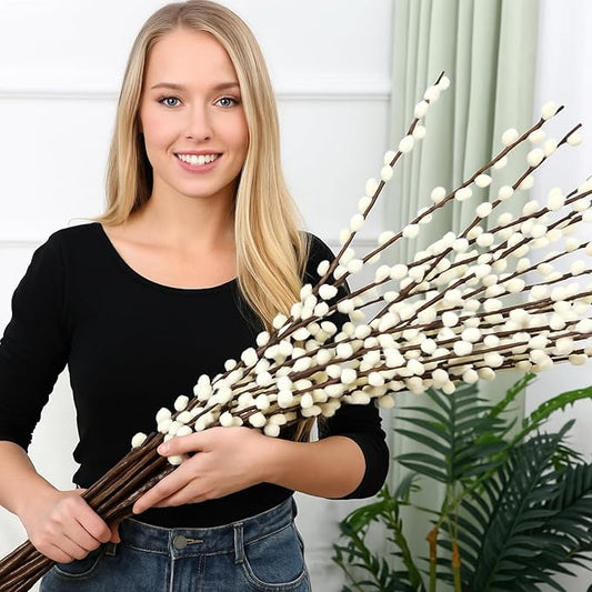 Thiccywoov 20 Stems 31.5 Inch Artificial Pussy Willow Branches for Vases Dried Flower Stems with White Flowers Faux Snow Willow Branches for Indoor Outdoor Wedding Home Party Fireplace Yard Decoration