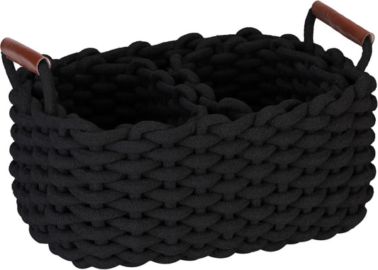 Sea Team 3-Pack Rectangle Woven Cotton Rope Storage Baskets with Handles, Shelf Basket, Closet Organizers, 3-in-1, Black