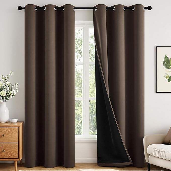 MIULEE 100% Blackout Curtains for Bedroom 72 Inch Long, 2 Thick Layers Thermal Insulated Black Out Window Curtains with Black Liner, Noise Reducing Grommet Living Room Drapes 2 Panels Chocolate Brown