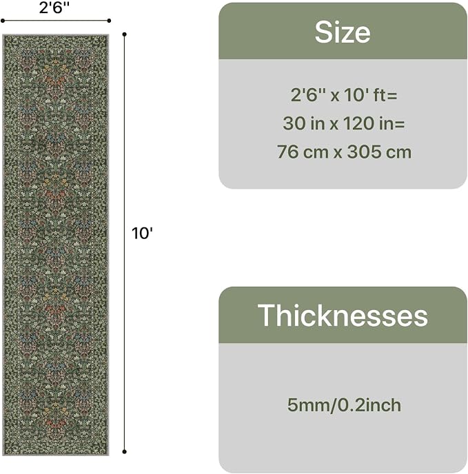 GENIMO 2.5x10 Washable Long Runner Rug, Non Slip Hallway Mat, Emerald Green | Vintage Boho Floral Low Pile Thin Mat for Entryway, Kitchen, Bedroom, Indoor Decor