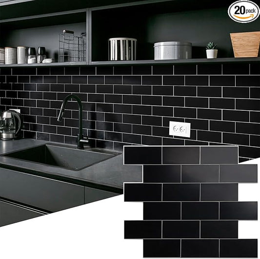 2026 New Upgrade Peel and Stick Backsplash Tile, Peel and Stick 11.34" X 11.57" Wall Tile for Kitchen, Bathroom, Fireplace, Laundry (Black, 20 Packs)