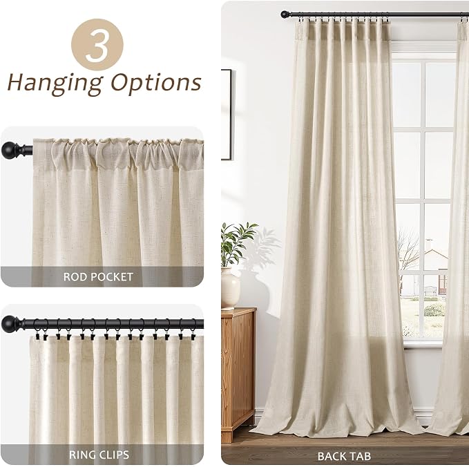 Aersas Eggshell Beige Linen Curtains 96 Inches Length for Living Room Flax Texture Wave Fabric Semi Sheer with Rod Pocket Back Tab for Bedroom Balcony Light Filtering Neutral Home Decor 52x96