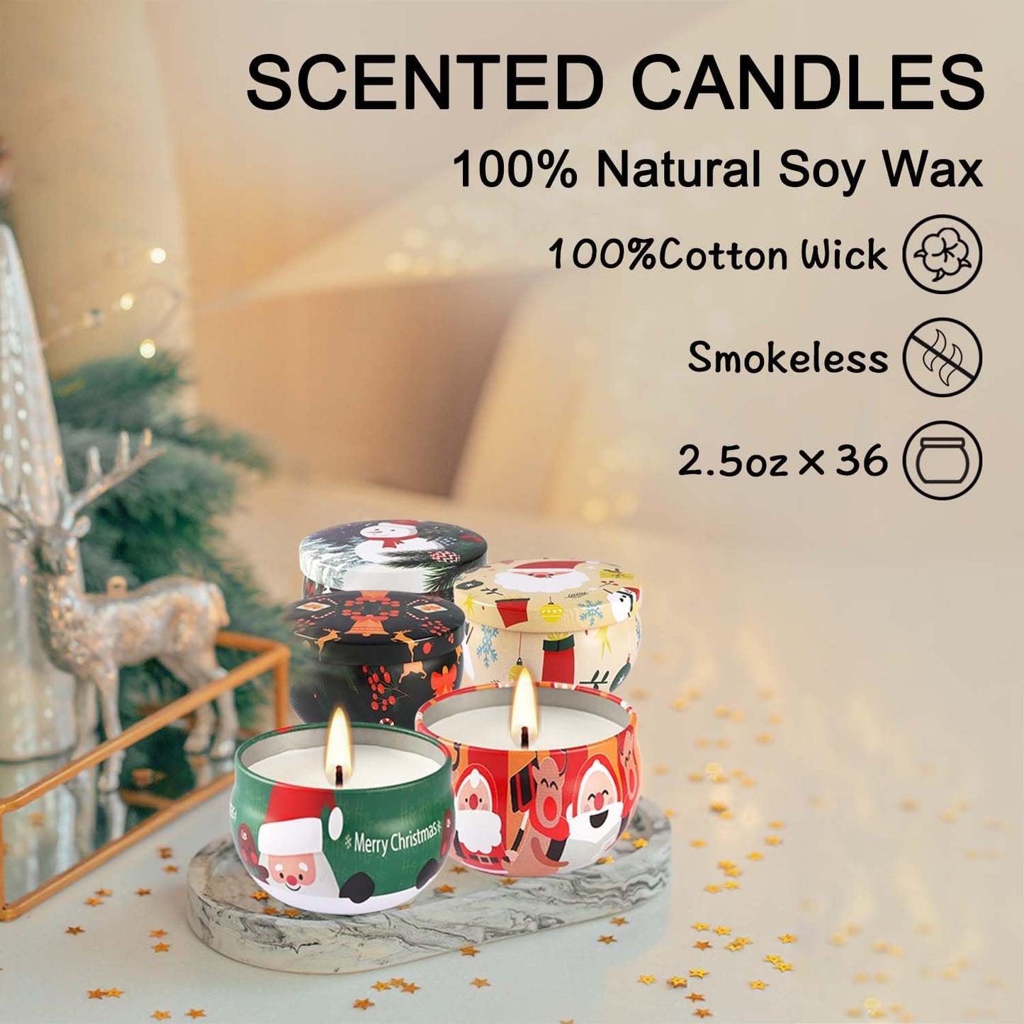 36Pack Christmas Scented Candles Sets,Long Burning,2.5oz Natural Soy Wax with Essential Oils Decorative Aromatherapy Candles for Christmas，Thanksgiving Gift, Home Scented
