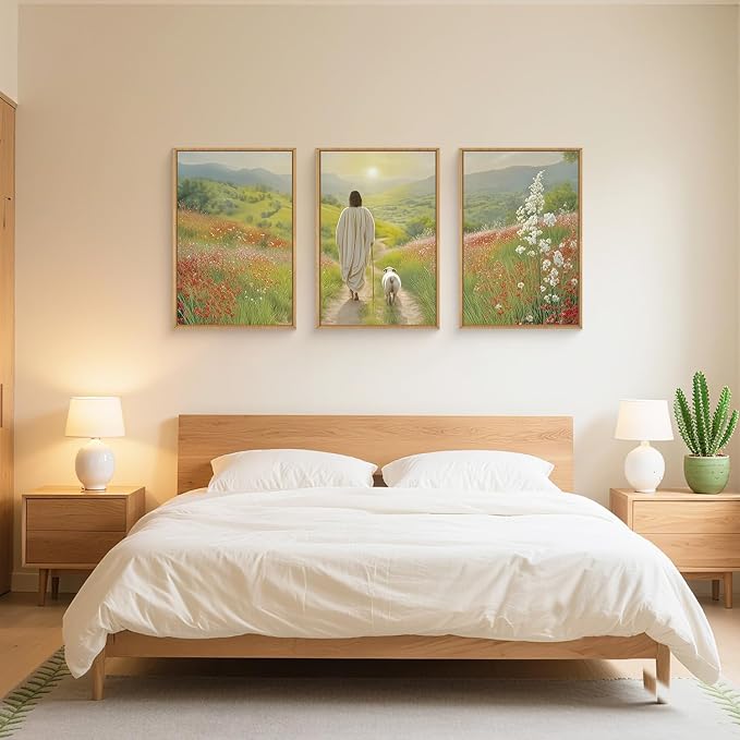 LHIUEM Large Jesus and Lamb Christian Framed Canvas Wall Art,Leaves The 99 Sheep Wall Decor,Mountain Sunset Flower Bible Artwork for Living Room,Bedroom,Dining Room,Office -24''x36''x3