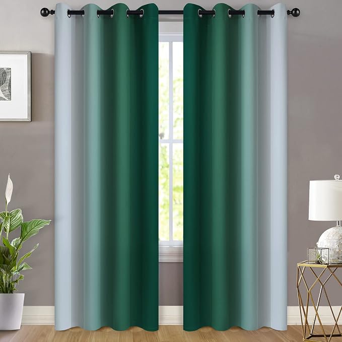 Yakamok Ombre Curtains Dark Green and Greyish White for Living Room,52Wx84L | Room Darkening Curtains 84,Thermal Insulated Gradient Color Drape,Light Blocking Grommet Window Curtains for Bedroom,2 Panels
