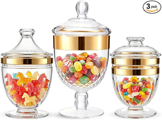 3 Pcs Plastic Apothecary Jar with Lid Decorative Crystal Candy Jar for Candy Buffet Bathroom Storage Canisters Wedding Decor Plastic Organization Canisters for Home(Gold Brim)