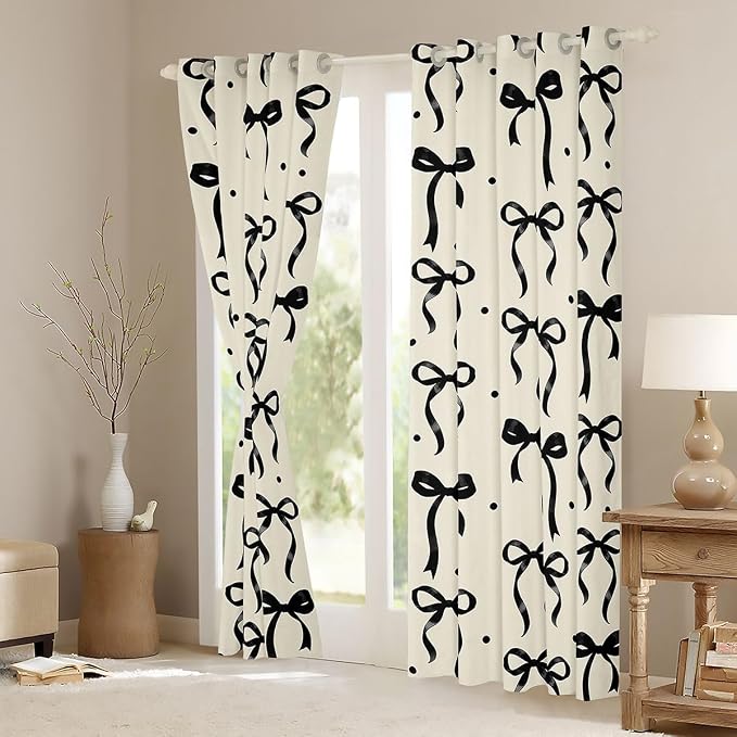 Feelyou Girls Bow Blackout Curtains Black Bowknot Darkening Drapes for Bedroom Living Room Coquette Aesthetic Thermal Insulated Shades Kawaii Princess Style Window Treatments, 2 Panels 42 x 84 Inch