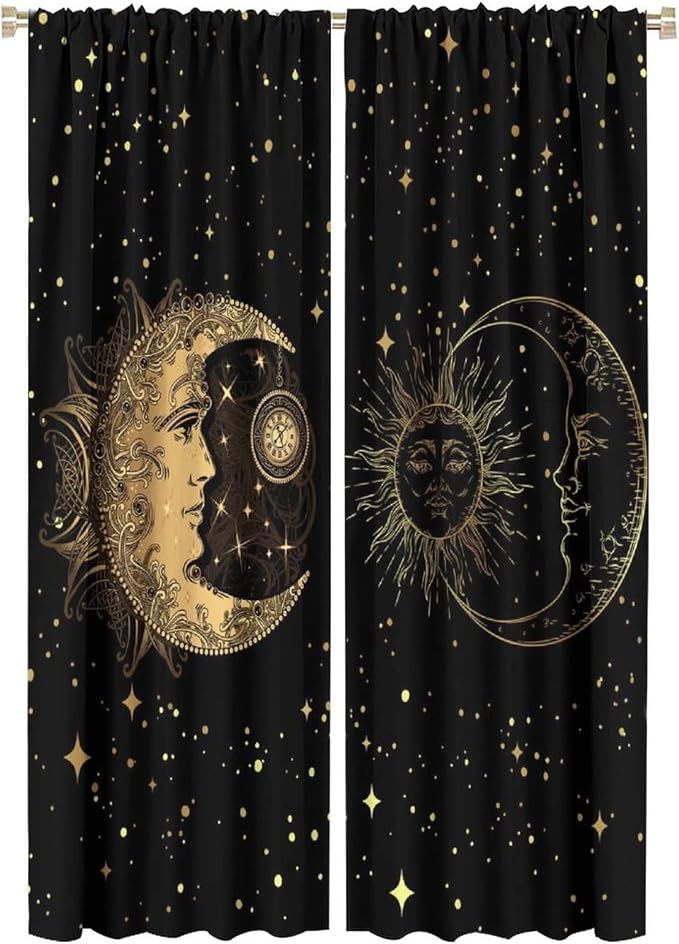 Sun and Moon Blackout Windows Curtains, Golden Planet Star Mysterious Galaxy Curtains Space Curtains, for Living Room Bedroom 52x84in 2 Panels