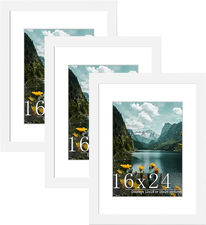 Picrit 16x24 Picture Frame 3 Pack, White Poster Frame, Display Poster 12 x 18 with Mat or 16 x 24 Without Mat for Horizontal or Vertical Wall Mounting