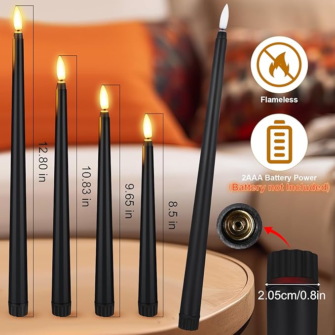 Rossesay 64 Pcs Wedding Flameless LED Taper Candles Battery Operated Candles 4 Sizes of 8.5'', 9.65'', 10.83'', 12.8'' Candlesticks Flickering for Halloween Christmas Church Wedding(Black)