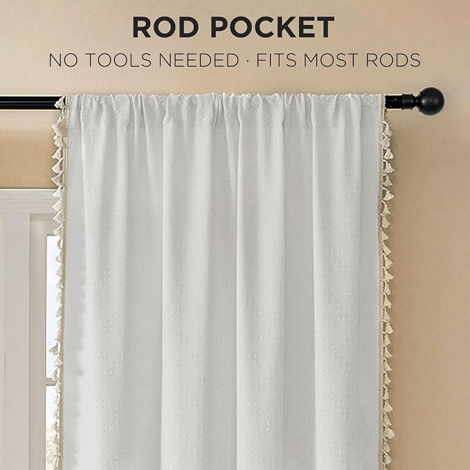 Joydeco White Boho Curtains 84 Inch Length 2 Panels, Super Soft Bohemian Farmhouse Curtains with Tassels, Semi Sheer Light Filtering Drapes for Bedroom Living Room (Rod Pocket, 52Wx84L)