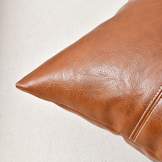 Fancy Homi Brown Boho Lumbar Faux Leather Decorative Throw Pillow Covers 12x20 Inch for Living Room Couch Bed Sofa, Hand Stitched Rectangle Cushion Case 30x50 cm, Rustic Modern Farmhouse Home Decor