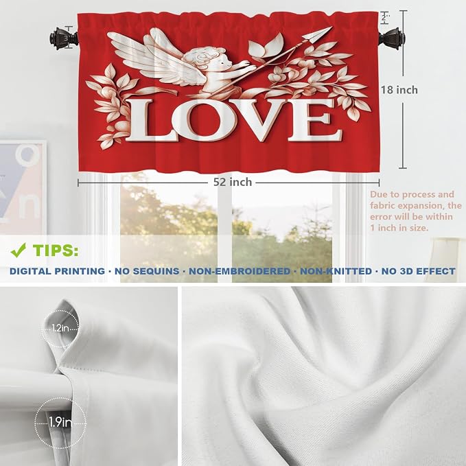 Shrahala Cupid Love Blackout Short Curtains for Windows, Romantic Love Kitchen Valance Thermal Insulated Rod Pocket Window Treatment for Bathroom 52 X 18 in