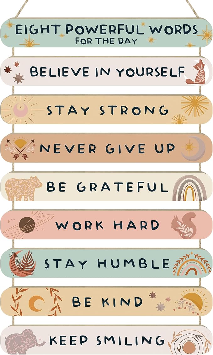 MONALET Boho Inspirational Motivational Wall Art Decor for Classroom Girls Dorm Bedroom Therapy Office, Positive Affirmations Hanging Wood Signs Decorations, 8 Powerful Words Wooden Plaque, 12x19