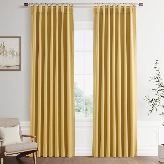 Joywell 100% Blackout Linen Curtains 84 Inch Long for Bedroom Rod Pocket Back Tab Hook Belt Black Out Curtain Thermal Insulated Drapes for Living Room Window 2 Panels,52 x 84,Gold Yellow