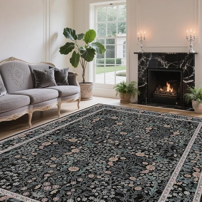 Vintage Black Living Room Rug, 6x9 Washable Area Rugs for Dining Room Under Table, Soft Low Pile Large Carpet Bedroom, Non-Slip Boho Floral (6 x 9 Black)
