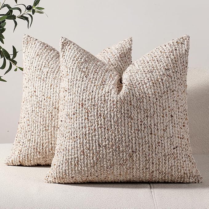 DEZENE Striped Throw Pillow Covers 24x24 Set of 2 Beige Textured Boucle Chic Morden Boho Accent Farmhouse Square Decorative Couch Pillow Covers for Home Decor Bed Sofa Living Room