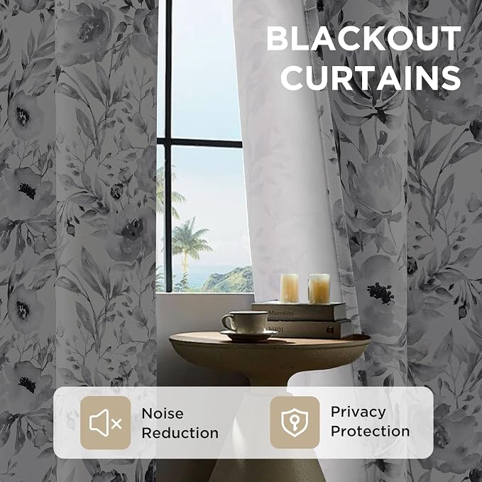 Joydeco Printed Curtains 96 inches Long,Gray Floral Blackout Curtains for Living Room 2 Panels,52 x 96 inch Rod Pocket Thermal Insulated Bohemian Drapes for Farmhouse,Bedroom,White
