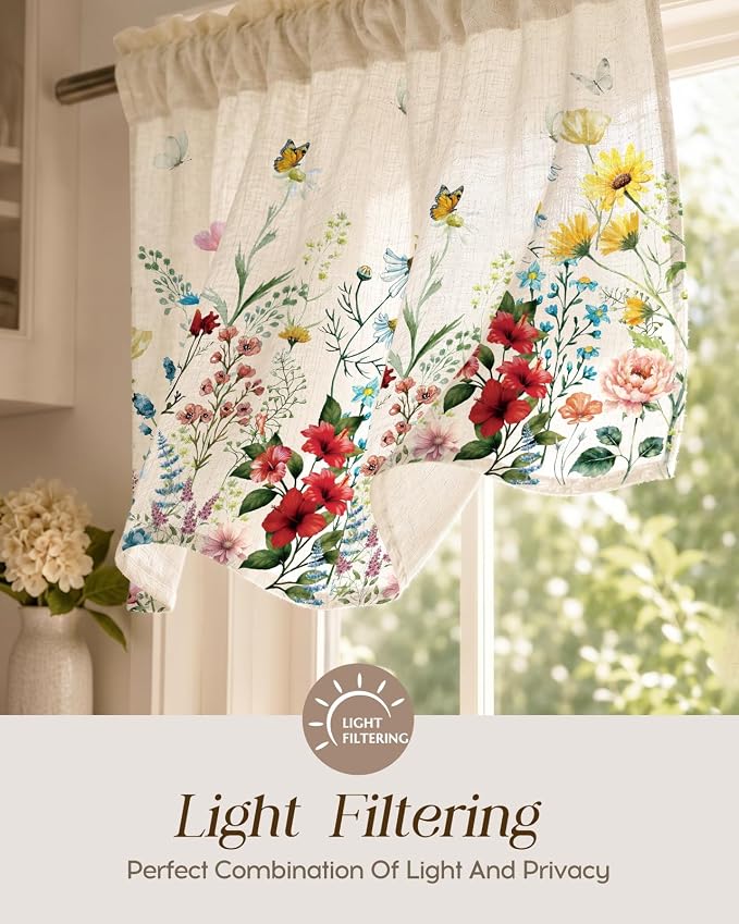 Miss Adola Valance Curtain for Windows - 16 Inch Linen Blend Farmhouse Floral Valance for Kitchen Living Room Bedroom Bathroom Vintage Country Short Curtain with Rod Pocket, 1 Panel