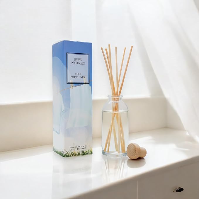 Urban Naturals Reed Diffuser Set, Crisp White Linen - Bathroom Shelf Décor | Citrus, Ozone, Ylang-Ylang, Lilies & Sandalwood Scent Notes for a Fresh, Clean Cotton Smelling Home, Made in the USA