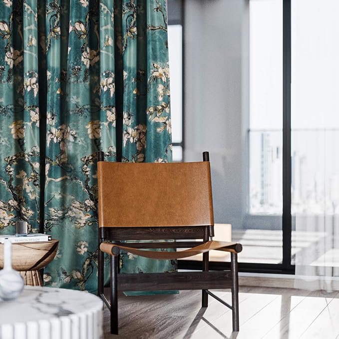 Taisier Home Chinese Style Plum Blossom Curtain Green Artistic Print Curtains 72 Inches Long for Living Room,Personalized Pattern Curtains Bedroom Window Treatment Curtains 2 Panels Set