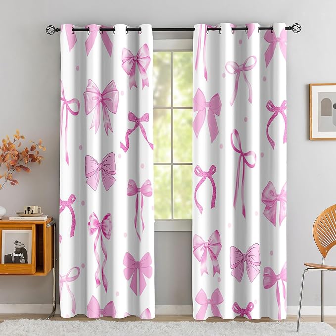 LUVIVIHOME Cute Curtains, Pink Bow Blackout Curtains, Girls Bedroom Decor, Aesthetic Girly Curtains, 2 Panel Sets, 42x63 Inch