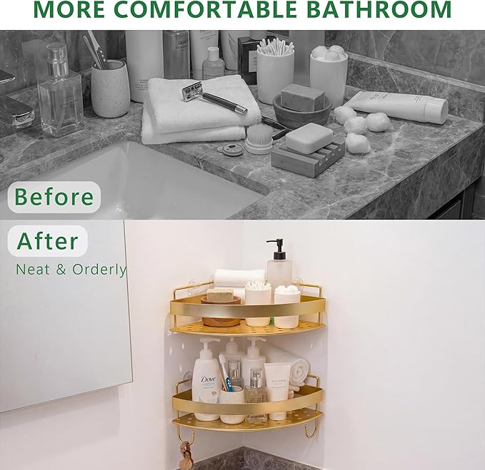 Corner Shower Caddy, 2 Pack Adhesive Gold Shower Organizers, Rustproof Stainless Steel Shower Shelves with 4 Hooks, No Drilling Shelves for Bathroom Storage & Home Decor