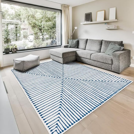 GLN Rugs Contemporary Collection - Machine Washable Area Rug, Contemporary Washable, Non Slip, Low Pile Chenille Rug, Living Room, Bedroom, Kitchen Rug (4' x 6' Blue Ivory)