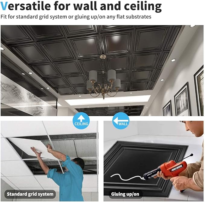 Art3d PVC Ceiling Tiles, 2'x2' Plastic Sheet in Black (12-Pack)