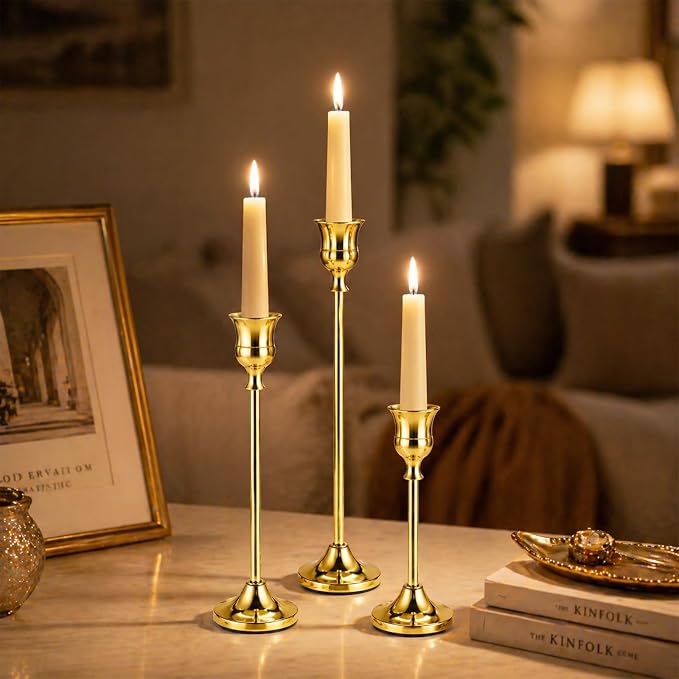Brass Gold Candle Holders Set of 12, Metal Taper Candlestick Holders in 3 Heights - Vintage Candle Stick Holder Brass Decor - Candle Holder Centerpieces for Wedding Table Home Christmas Decoration