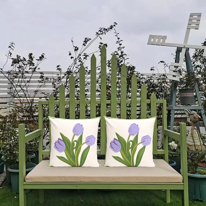 Pack of 2 Embroidered Decorative Throw Pillow Cover 18x18 Inch Farmhouse Floral Pillowcase for Living Room Sofa Bed (Purple Tulip)