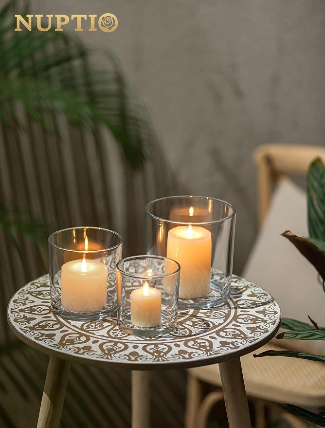NUPTIO Thick Glass Hurricane Pillar Candle Holders, Set of 3 | Heavy Clear Walls, Wide Low-Profile Cylinders for Easy Use, 3 Graduated Sizes, for Dining Table Centerpiece or Flower Display