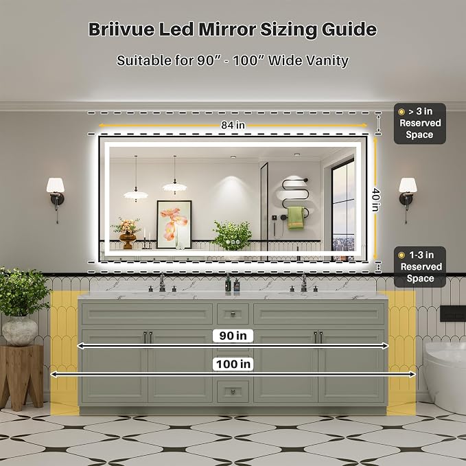 84x40 Inch LED Bathroom Mirror with Black Frame, Backlit & Front Lit, Anti-Fog Lighted Bathroom Vanity Mirror for Wall, Memory Function, Dimmable, HD Tempered Glass, Shatter-Proof