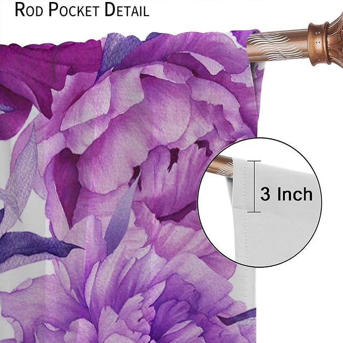 Floral Decor Window Curtain Purple Blooming Flowers Style Print for Home Kitchen Livingroom Coffee Room Window Drapes 2Panel 41" W X 53" L