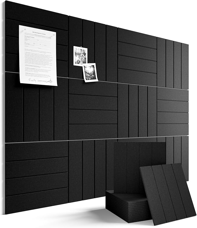 Fluxynara Felt Bulletin Board Tiles Large 48" x 36" Cork Board Alternative-12 Pack with 64 Adhesive Tabs, Thick Slat Wall Panels for Office Decor, Push Pin Board Wall Organizer Alternative -Black