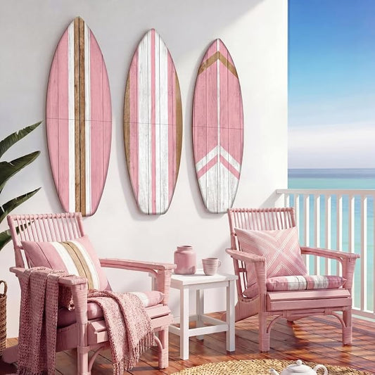 Yookeer 3 Pcs Surfboard Wall Decor,36" x 12" Large Wooden Coastal Beach Wall Decor Set, Aesthetic Cute Beachy Tropical Surf Board Art for Room Bedroom Decoration(Pink,Classic)