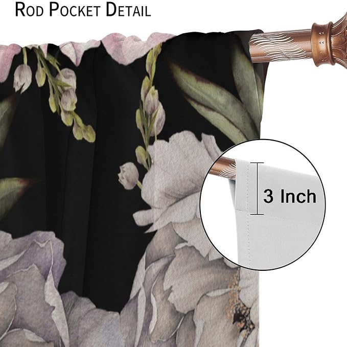 Black Boho Floral Curtain Vintage Watercolor Rose Peony Retro Pink Blossom Flowers Rustic Spring Lea for Home Kitchen Livingroom Coffee Room Curtains Drapes 2 Panels 42x63in