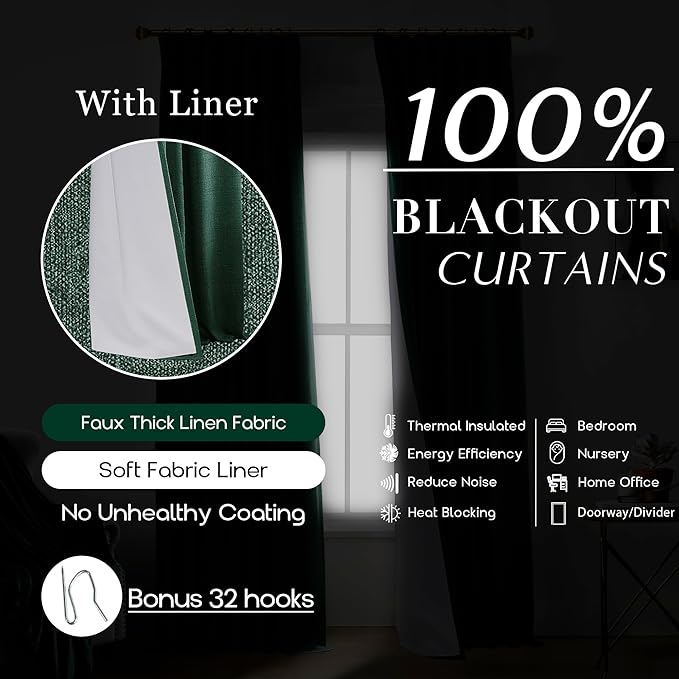 Dark Emerald Green Back Tab Blackout Curtains, Linen Textured Hunter Green Dark Academia Curtains for Bedroom Living Room, 2 Panels