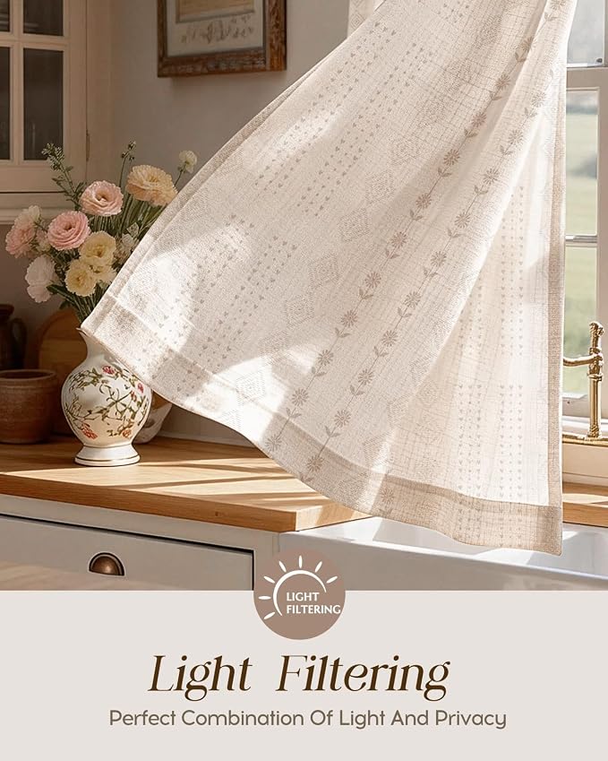 Miss Adola Farmhouse Kitchen Tier Curtains - 36 Inch Length Linen Blend Boho Cafe Curtains Striped Beige Small Window Treatments Over Sink Rod Pocket for Bathroom Living Room Light Filtering, 2 Panels